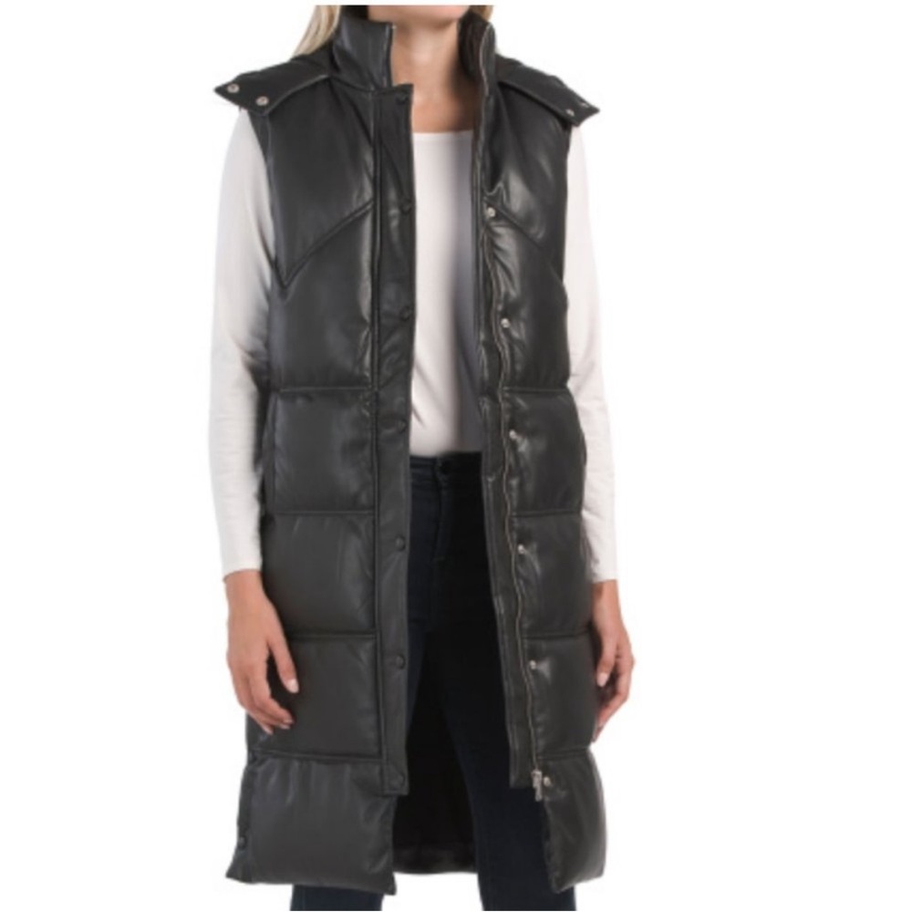 Like New 7 Seven For All Mankind Long Faux Leather Puffer Vest with Hood